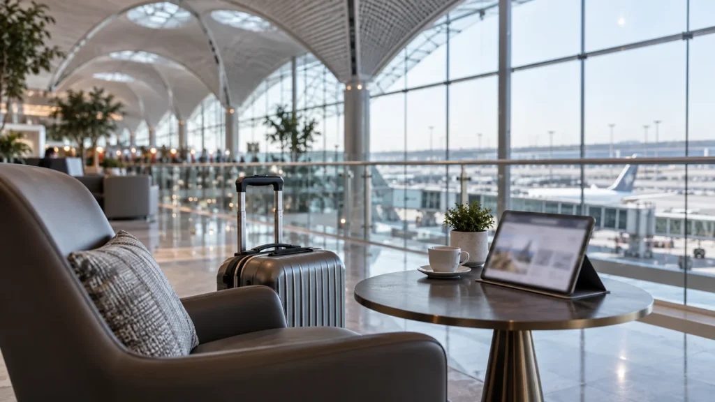 AI-generated conceptual illustration of a tablet and carry-on in an airport lounge