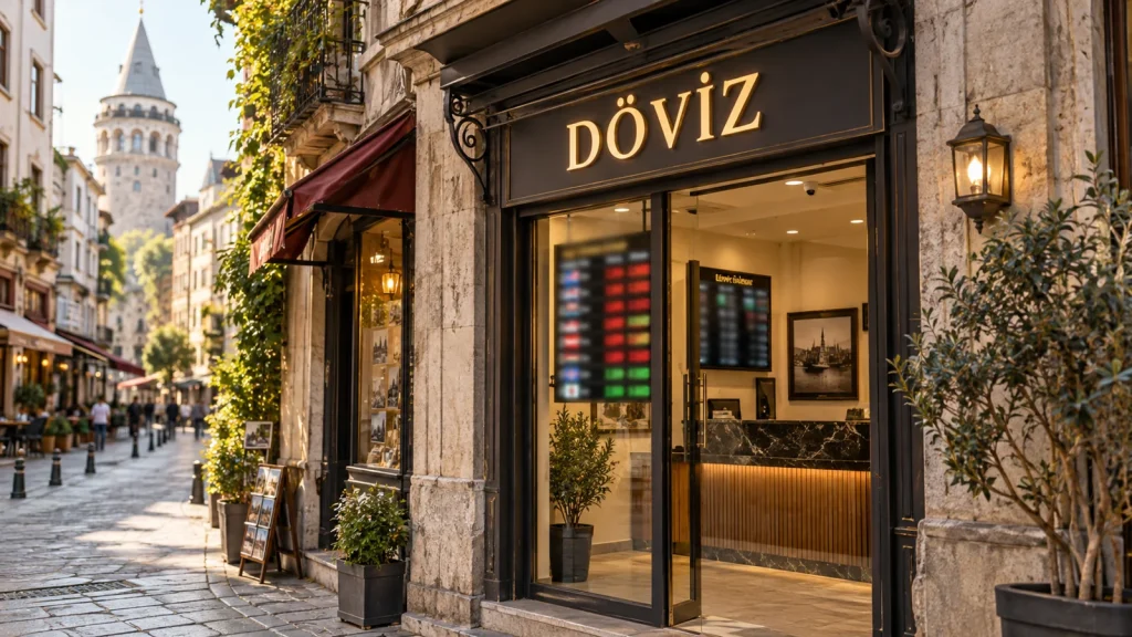 AI-generated illustration of a generic currency exchange storefront marked DÖVİZ