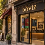 AI-generated illustration of a generic currency exchange storefront marked DÖVİZ