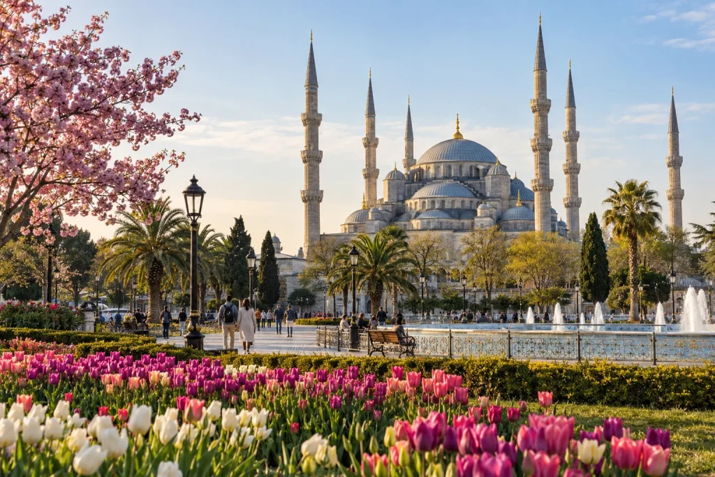 AI-generated illustration of Sultanahmet with mosque architecture and spring flowers