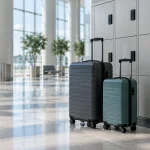 AI-generated illustration of two suitcases beside generic airport luggage lockers