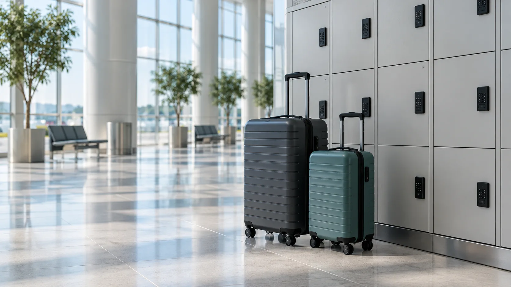 AI-generated illustration of two suitcases beside generic airport luggage lockers