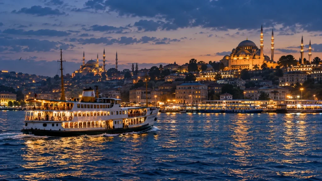 AI-generated illustration of a ferry and Istanbul skyline at blue hour