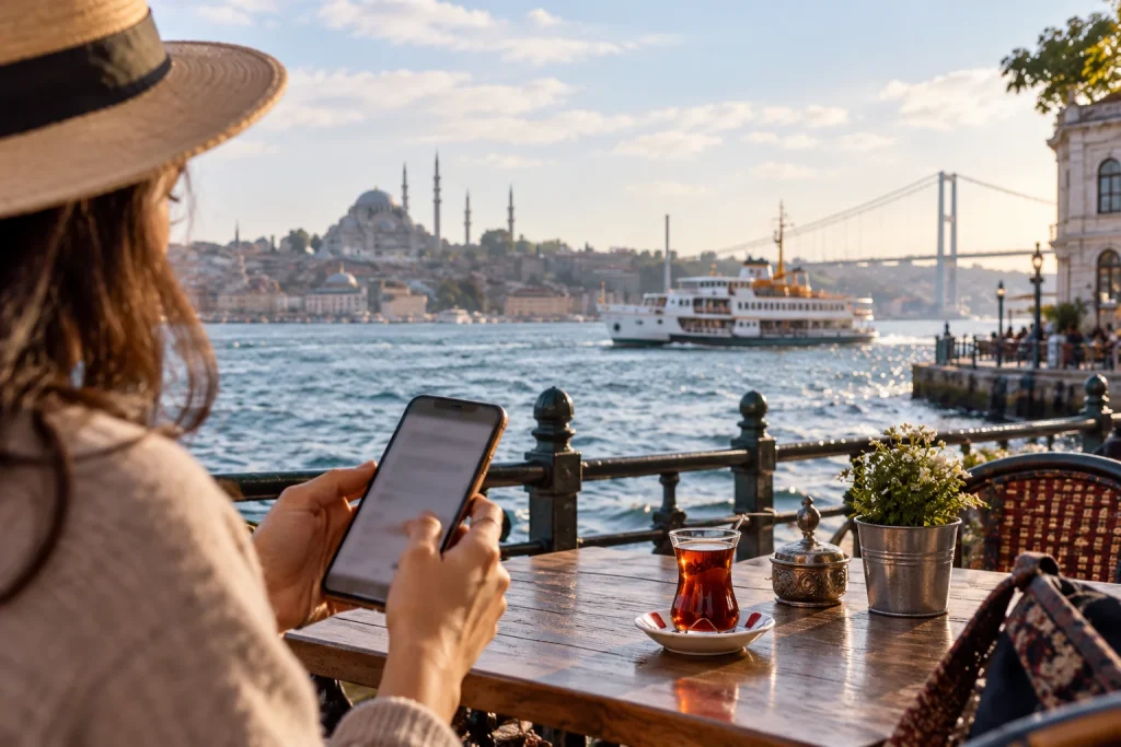 AI-generated illustration of a traveler using a phone at an Istanbul waterfront cafe