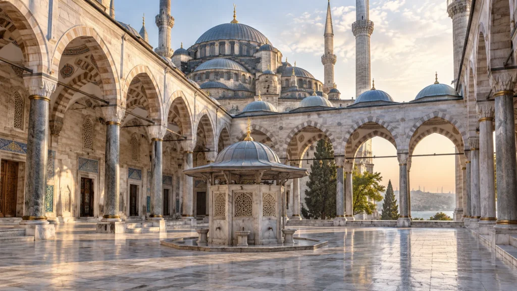 AI-generated representative illustration of an Ottoman-style mosque courtyard