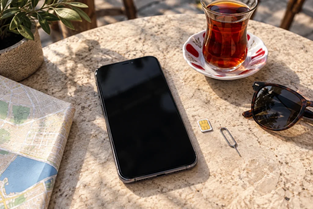 AI-generated illustration of a smartphone, physical SIM card and travel accessories