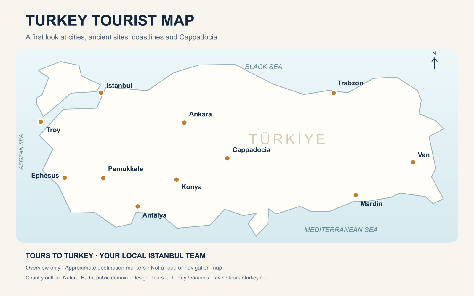 Turkey tourist map showing Istanbul, Cappadocia, Ephesus, Pamukkale, Antalya, Ankara, Konya, Troy, Trabzon, Van and Mardin