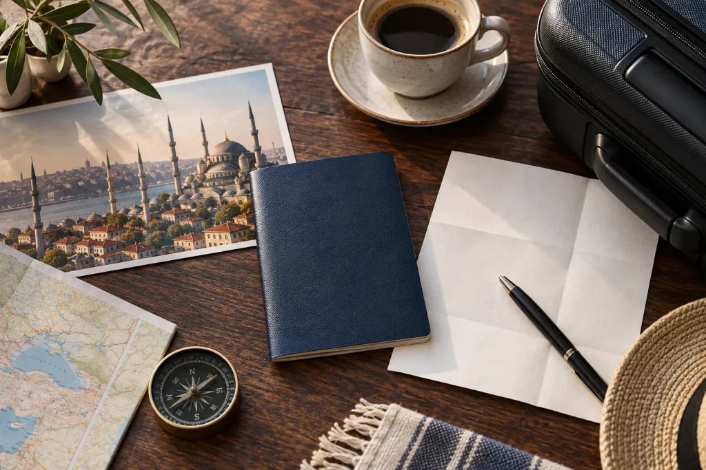 AI-generated conceptual illustration of a blank closed travel booklet and itinerary planning items