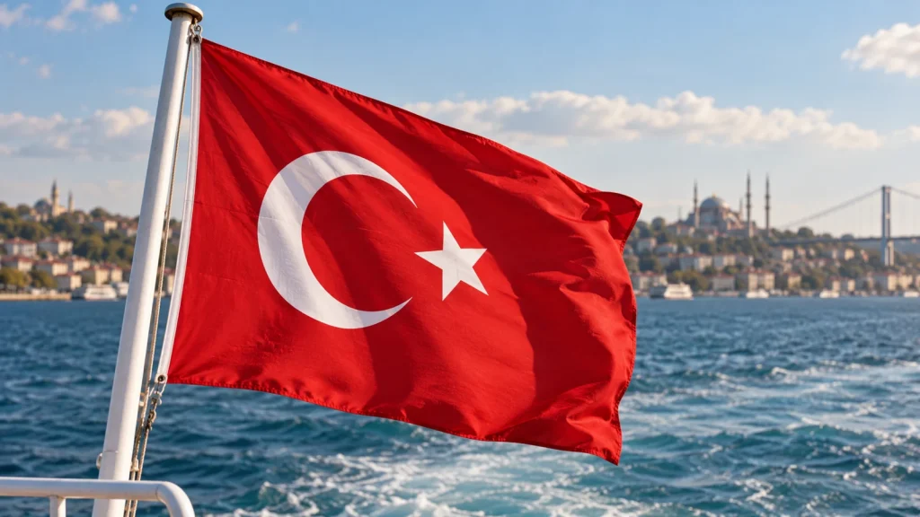 AI-generated illustration of a red Turkish flag with a white crescent and five-pointed star