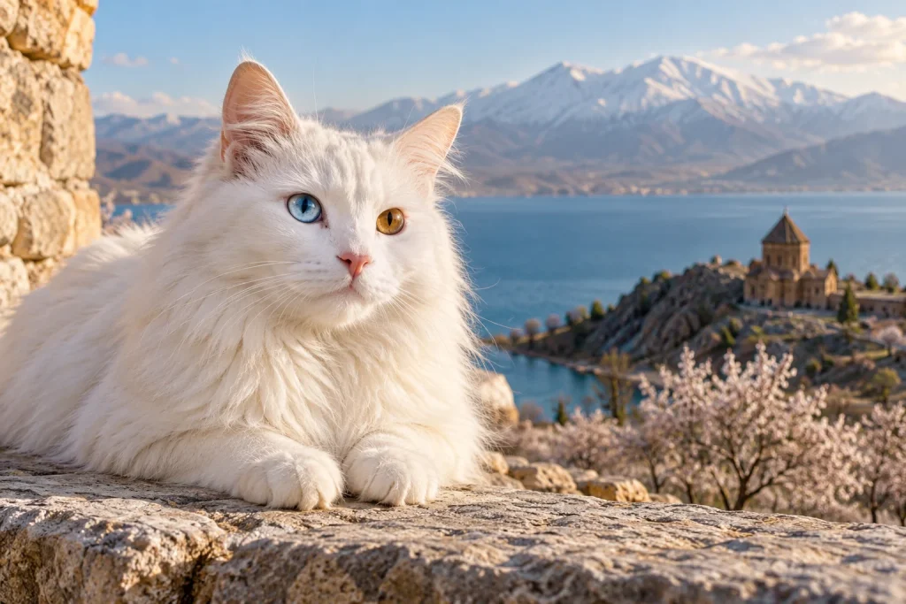 AI-generated illustration of a white Van cat with one blue and one amber eye